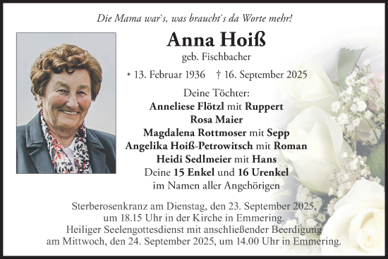 Traueranzeige von Anna Hoiß von merkurtz