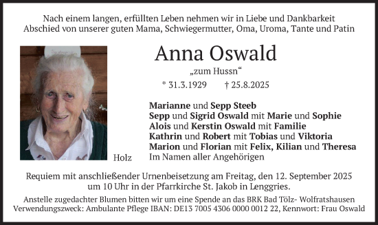 Traueranzeige von Anna Oswald von merkurtz