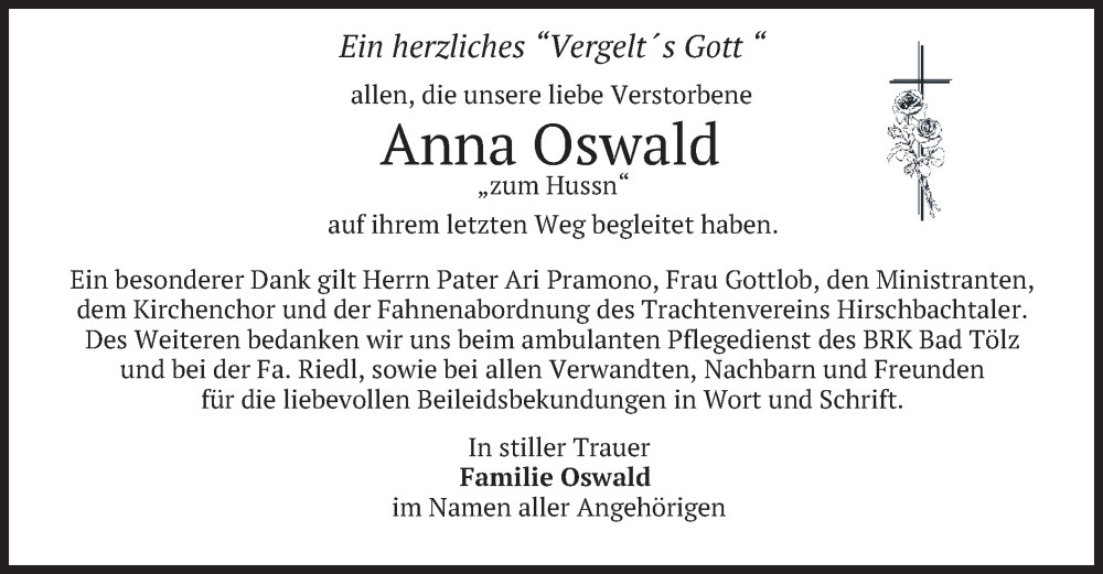  Traueranzeige für Anna Oswald vom 25.09.2025 aus merkurtz