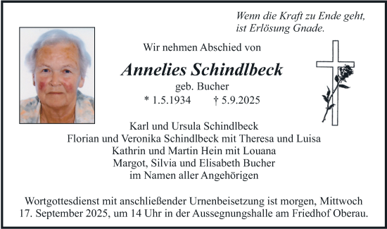 Traueranzeige von Annelies Schindlbeck von merkurtz