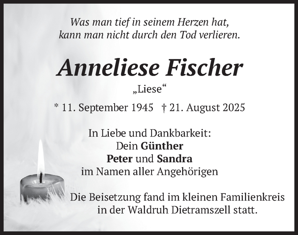  Traueranzeige für Anneliese Fischer vom 27.09.2025 aus merkurtz