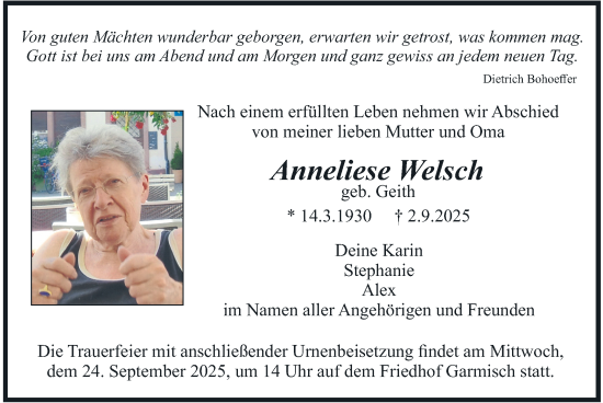 Traueranzeige von Anneliese Welsch von merkurtz