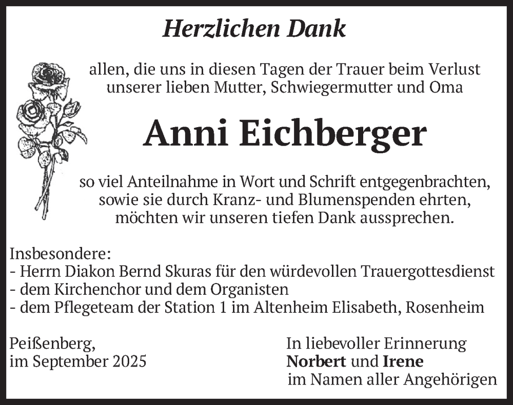  Traueranzeige für Anni Eichberger vom 20.09.2025 aus merkurtz