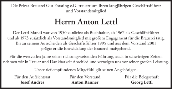 Traueranzeige von Anton Lettl von merkurtz