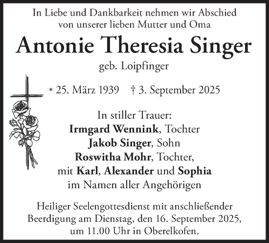 Traueranzeige von Antonie Theresia Singer von merkurtz
