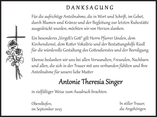 Traueranzeige von Antonie Theresia Singer von merkurtz