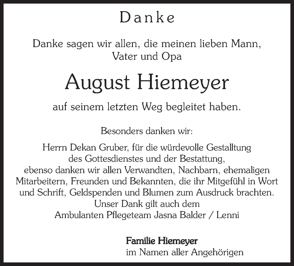  Traueranzeige für August Hiemeyer vom 13.09.2025 aus merkurtz
