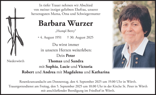 Traueranzeige von Barbara Wurzer von merkurtz