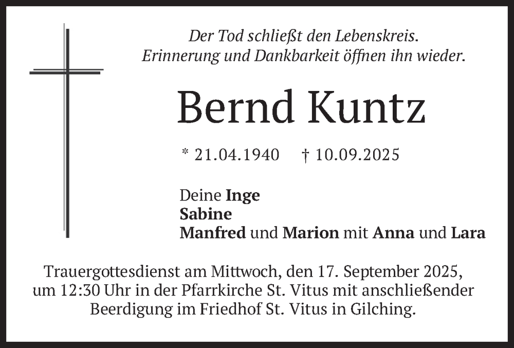  Traueranzeige für Bernd Kuntz vom 15.09.2025 aus merkurtz