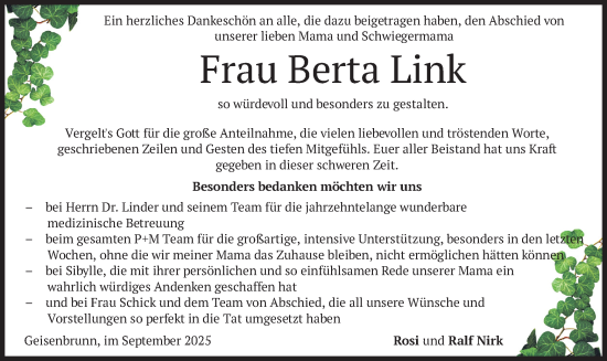 Traueranzeige von Berta Link von merkurtz