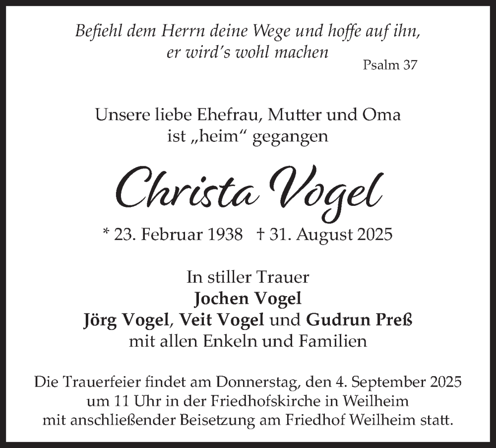  Traueranzeige für Christa Vogel vom 03.09.2025 aus merkurtz