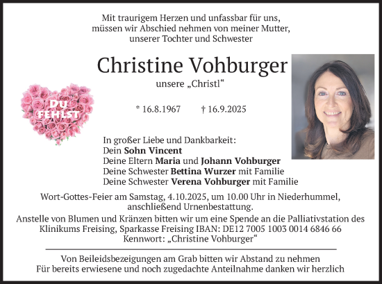 Traueranzeige von Christine Vohburger von merkurtz