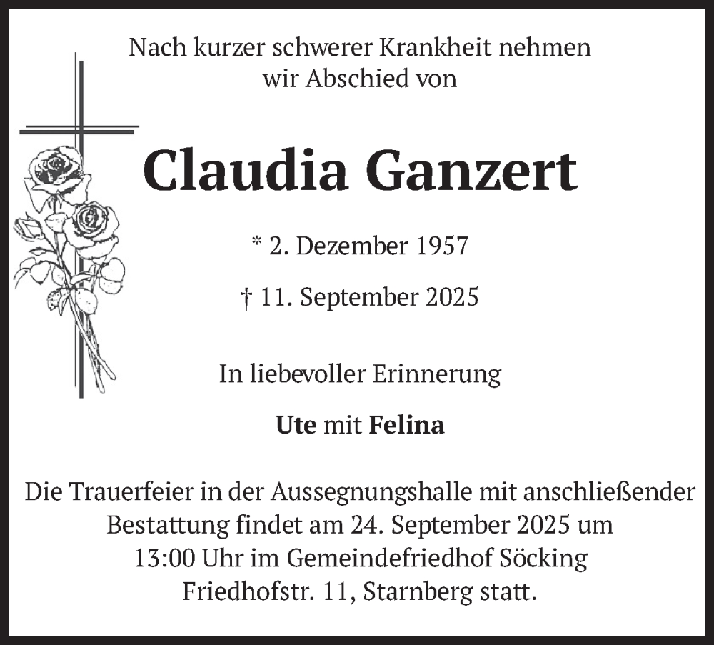  Traueranzeige für Claudia Ganzert vom 20.09.2025 aus merkurtz