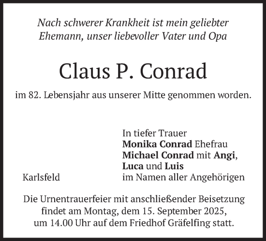 Traueranzeige von Claus P. Conrad von merkurtz