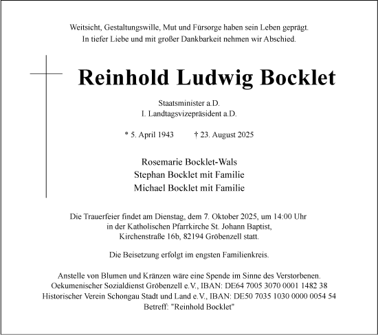 Traueranzeige von Reinhold Ludwig Bocklet 
