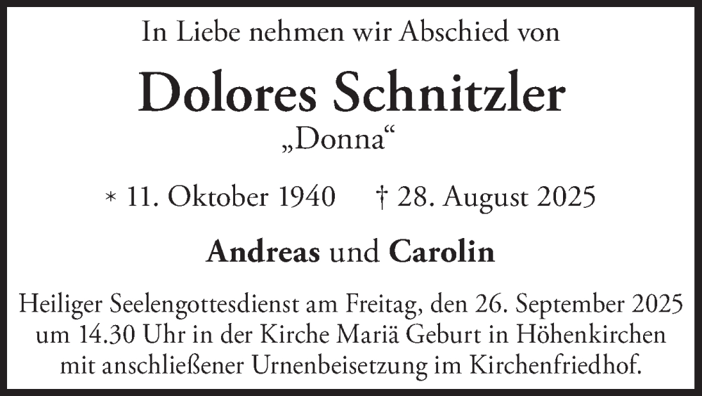 Traueranzeige für Dolores Schnitzler vom 20.09.2025 aus merkurtz