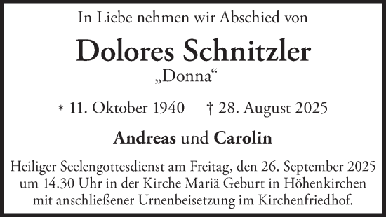 Traueranzeige von Dolores Schnitzler von merkurtz