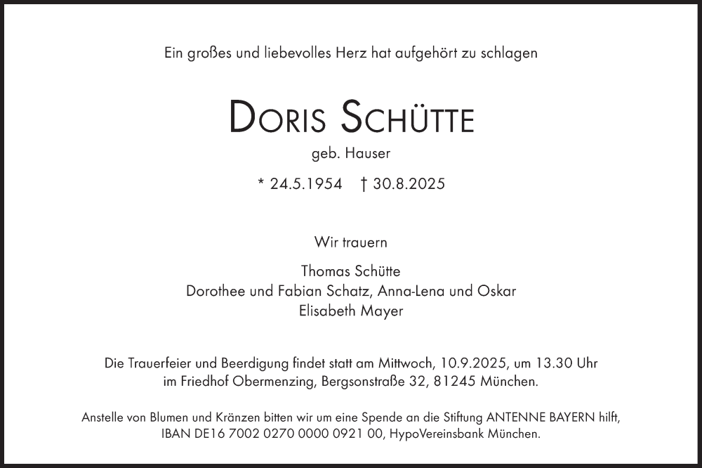  Traueranzeige für Doris Schütte vom 06.09.2025 aus merkurtz