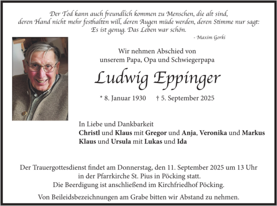Traueranzeige von Ludwig Eppinger von merkurtz