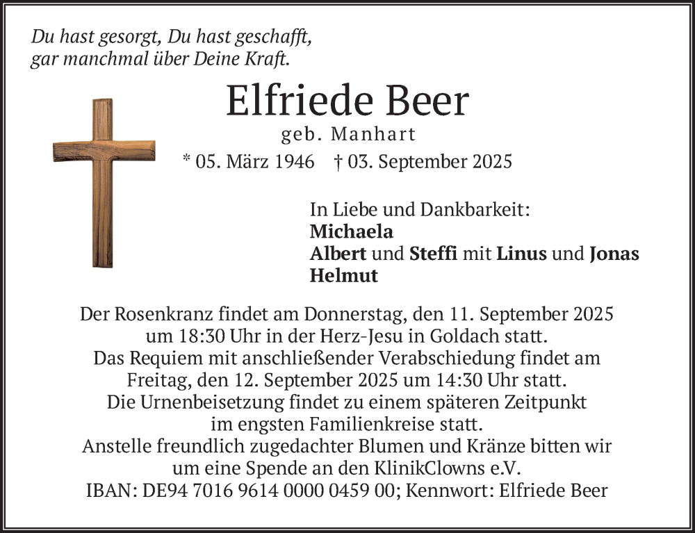  Traueranzeige für Elfriede Beer vom 09.09.2025 aus merkurtz