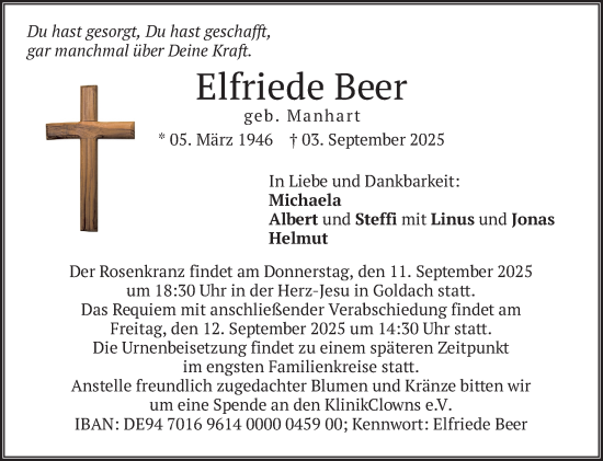 Traueranzeige von Elfriede Beer von merkurtz