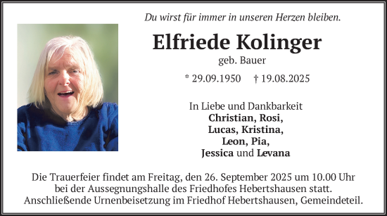Traueranzeige von Elfriede Kolinger von merkurtz