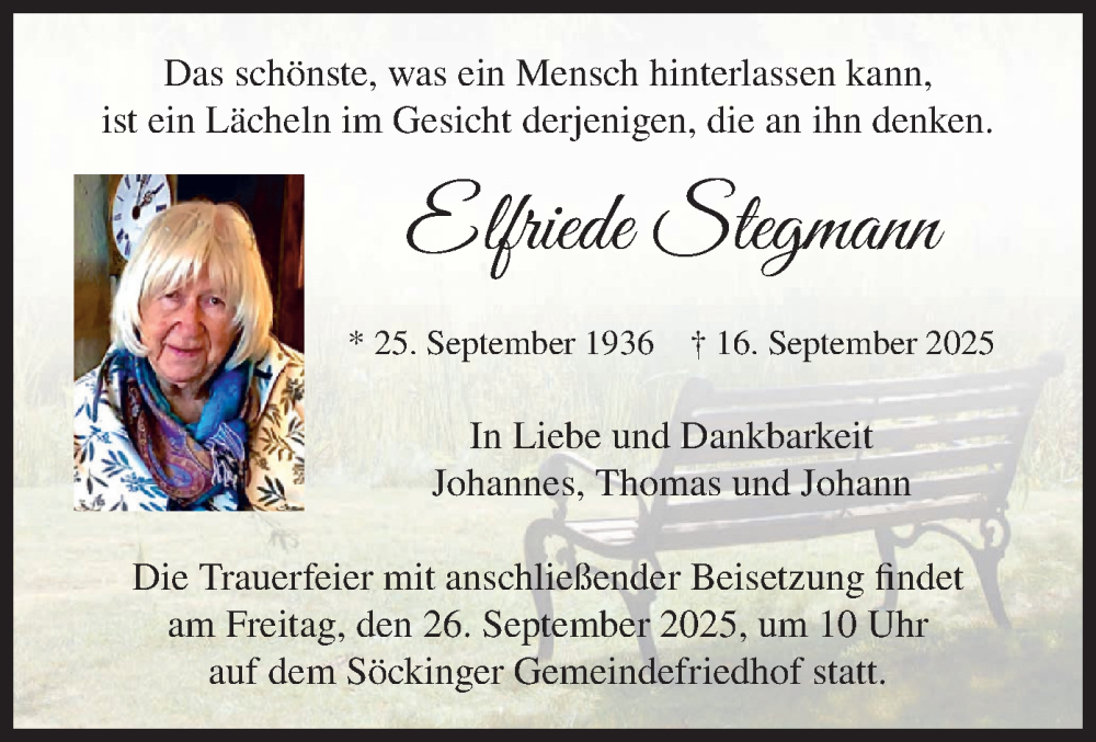  Traueranzeige für Elfriede Stegmann vom 20.09.2025 aus merkurtz