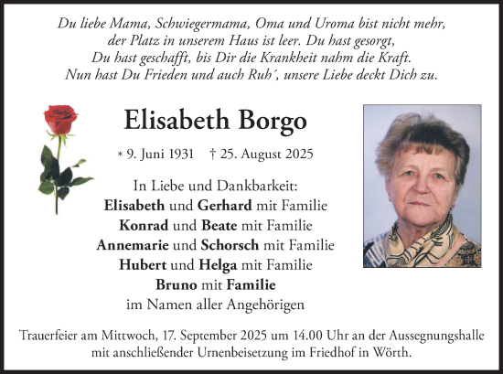Traueranzeige von Elisabeth Borgo von merkurtz