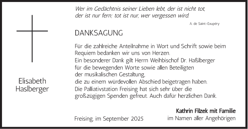  Traueranzeige für Elisabeth Haslberger vom 13.09.2025 aus merkurtz