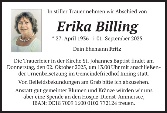 Traueranzeige von Erika Billing von merkurtz
