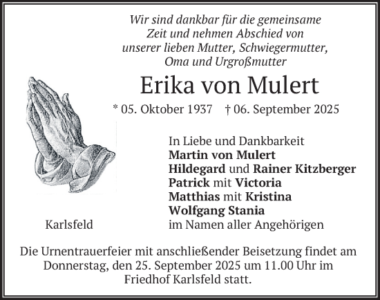 Traueranzeige von Erika von Mulert von merkurtz