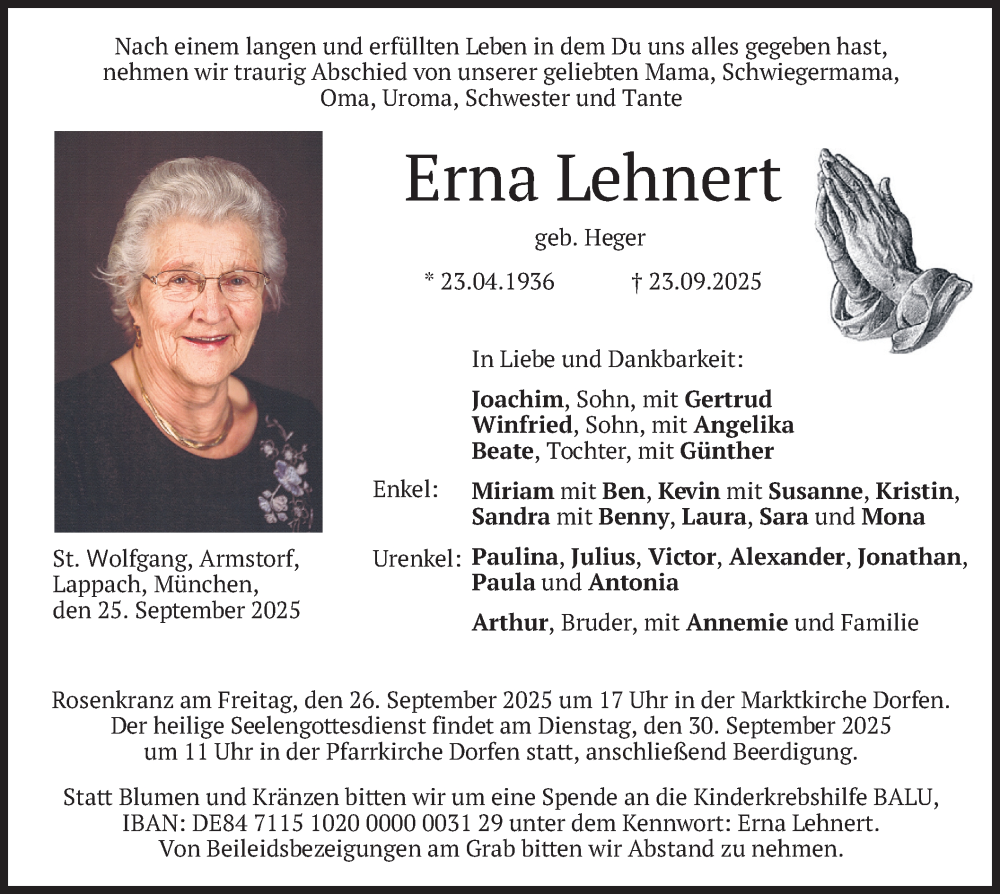  Traueranzeige für Erna Lehnert vom 25.09.2025 aus merkurtz