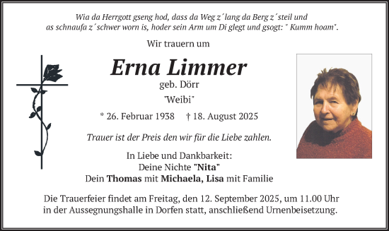 Traueranzeige von Erna Limmer von merkurtz