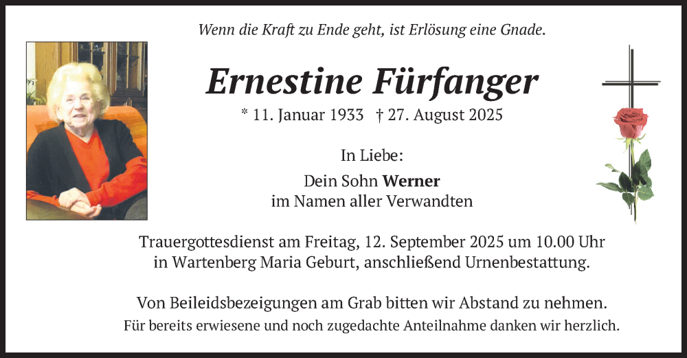  Traueranzeige für Ernestine Fürfanger vom 10.09.2025 aus merkurtz