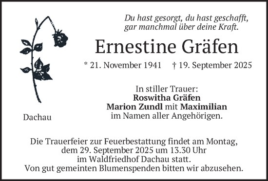 Traueranzeige von ERnestine Gräfen von merkurtz