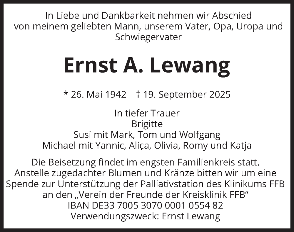  Traueranzeige für Ernst A. Lewang vom 27.09.2025 aus merkurtz