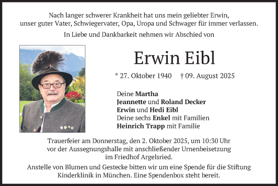 Traueranzeige von Erwin Eibl von merkurtz