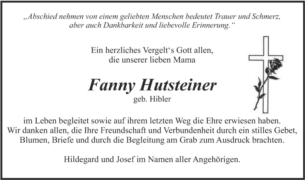  Traueranzeige für Fanny Hutsteiner vom 27.09.2025 aus merkurtz