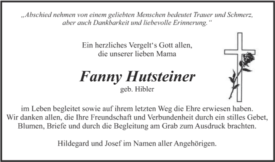 Traueranzeige von Fanny Hutsteiner von merkurtz
