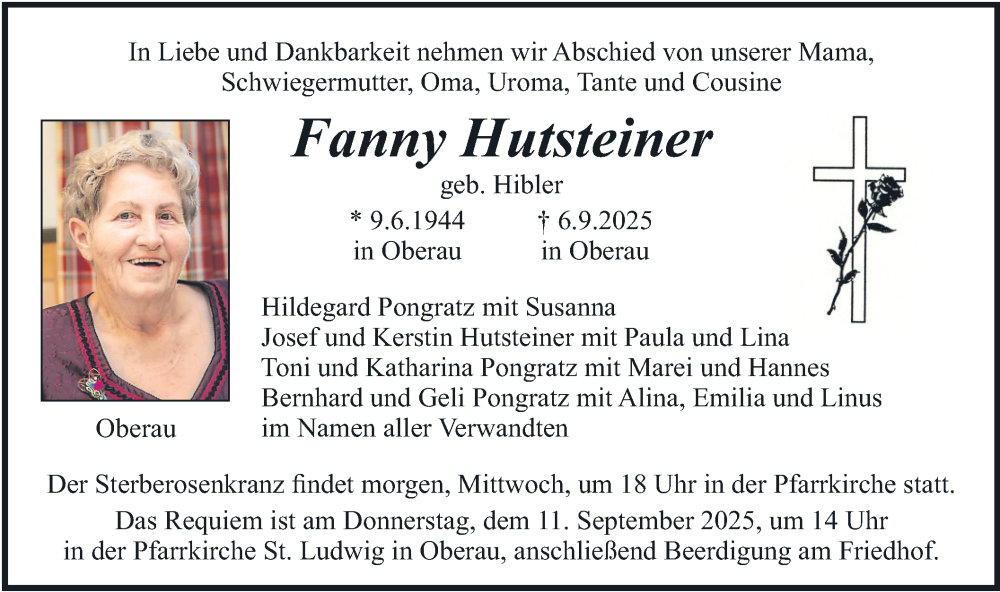  Traueranzeige für Fanny Hutsteiner vom 09.09.2025 aus merkurtz