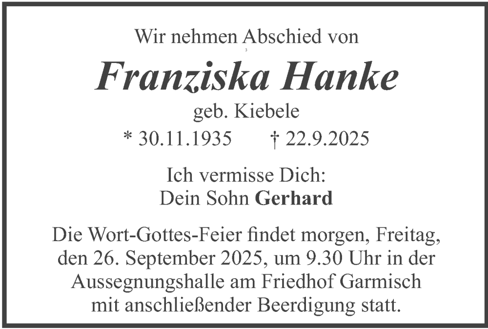  Traueranzeige für Franziska Hanke vom 25.09.2025 aus merkurtz