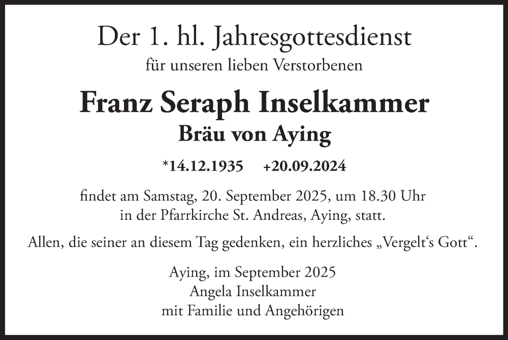  Traueranzeige für Franz Seraph Inselkammer vom 13.09.2025 aus merkurtz