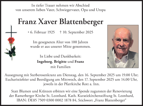 Traueranzeige von Franz Xaver Blattenberger von merkurtz