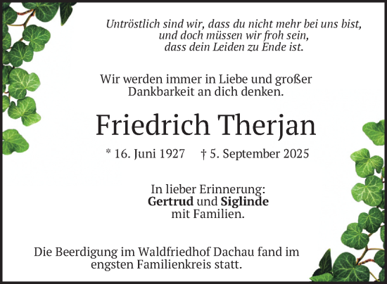 Traueranzeige von Friedrich Therjan von merkurtz