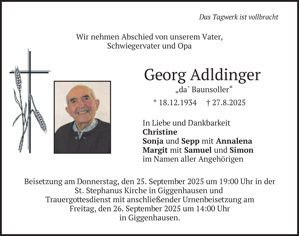  Traueranzeige für Georg Adldinger vom 20.09.2025 aus merkurtz