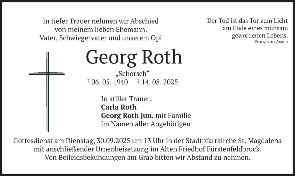  Traueranzeige für Georg Roth vom 13.09.2025 aus merkurtz