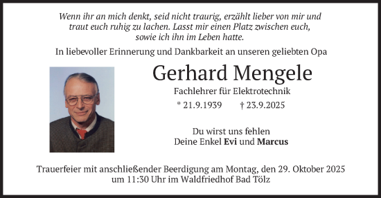 Traueranzeige von Gerhard Mengele von merkurtz
