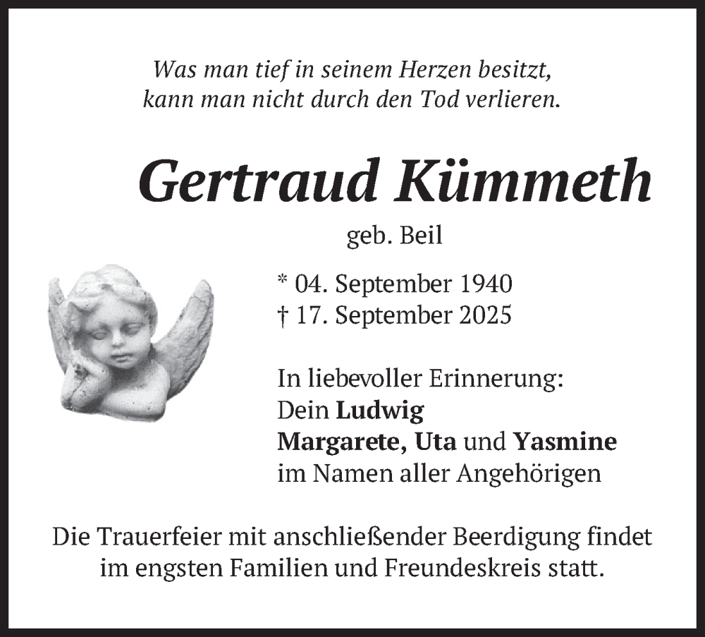  Traueranzeige für Gertraud Kümmeth vom 20.09.2025 aus merkurtz