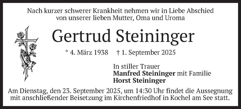  Traueranzeige für GErtrud Steininger vom 20.09.2025 aus merkurtz