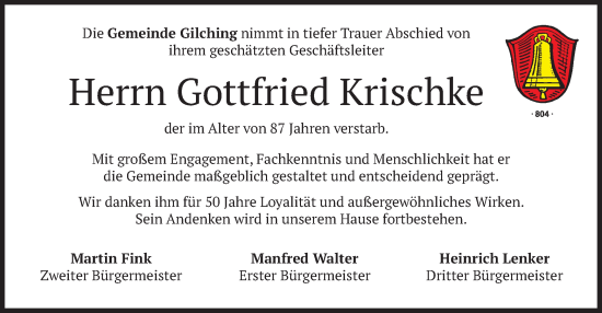 Traueranzeige von Gottfried Krischke von merkurtz